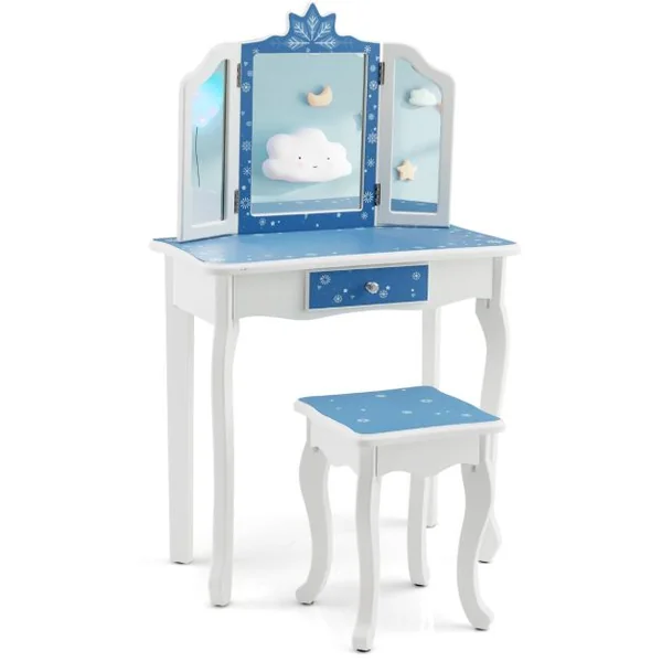 Coiffeuse Enfants avec Miroir Amovible à 3 Volets & Tabouret Table de Maquillage avec Tiroir pour Enfants de 3 Ans+ Bleu