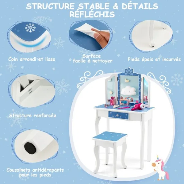 Coiffeuse Enfants avec Miroir Amovible à 3 Volets & Tabouret Table de Maquillage avec Tiroir pour Enfants de 3 Ans+ Bleu