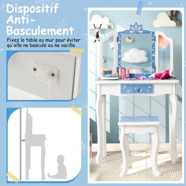 Coiffeuse Enfants avec Miroir Amovible à 3 Volets & Tabouret Table de Maquillage avec Tiroir pour Enfants de 3 Ans+ Bleu