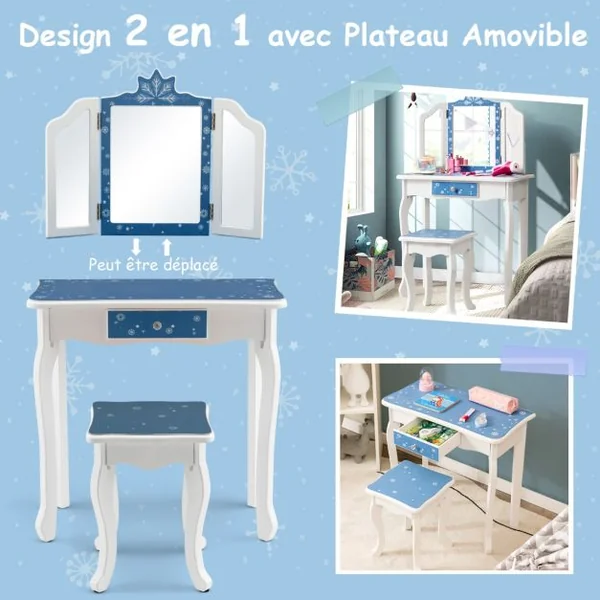 Coiffeuse Enfants avec Miroir Amovible à 3 Volets & Tabouret Table de Maquillage avec Tiroir pour Enfants de 3 Ans+ Bleu