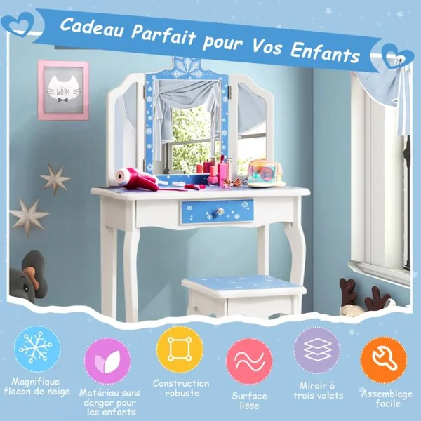Coiffeuse Enfants avec Miroir Amovible à 3 Volets & Tabouret Table de Maquillage avec Tiroir pour Enfants de 3 Ans+ Bleu