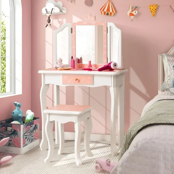 Coiffeuse Enfants avec Miroir Amovible à 3 Volets & Tabouret Table de Maquillage avec Tiroir pour Enfants de 3 Ans+ Rose
