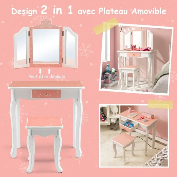 Coiffeuse Enfants avec Miroir Amovible à 3 Volets & Tabouret Table de Maquillage avec Tiroir pour Enfants de 3 Ans+ Rose