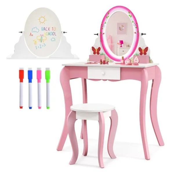 Coiffeuse Enfants avec Tabouret et Miroir Rotatif à 360° Tableau Blanc au Dos Table de Maquillage avec Tiroir et 4 Marqueurs Rose