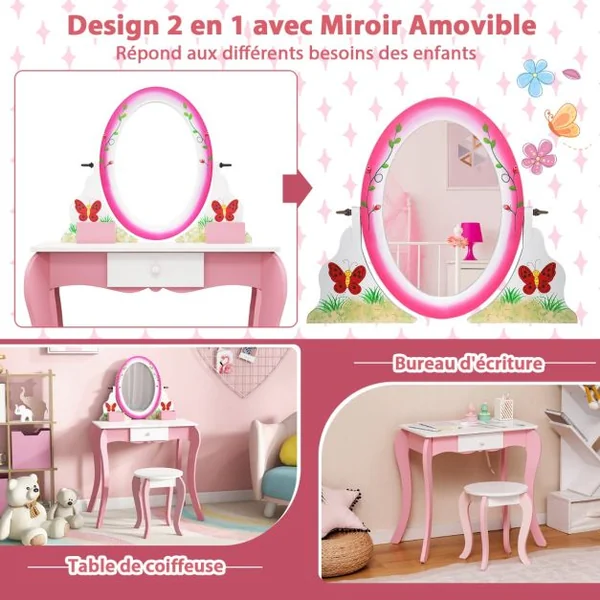 Coiffeuse Enfants avec Tabouret et Miroir Rotatif à 360° Tableau Blanc au Dos Table de Maquillage avec Tiroir et 4 Marqueurs Rose