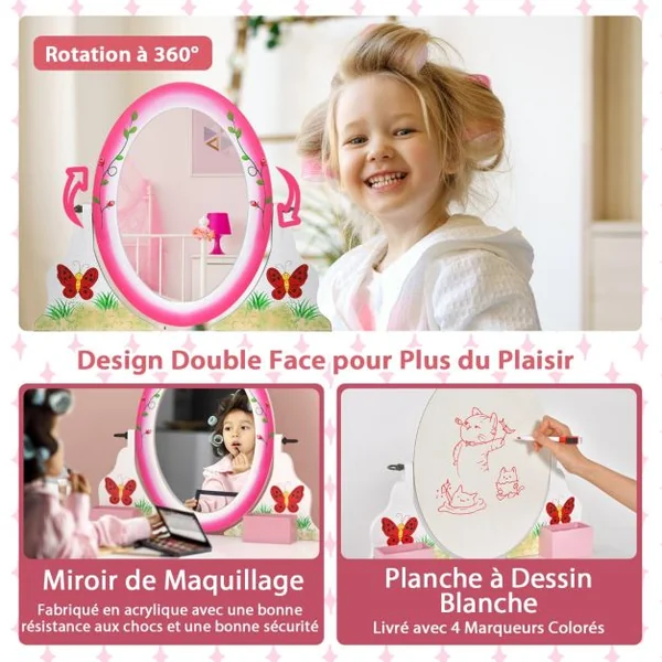 Coiffeuse Enfants avec Tabouret et Miroir Rotatif à 360° Tableau Blanc au Dos Table de Maquillage avec Tiroir et 4 Marqueurs Rose