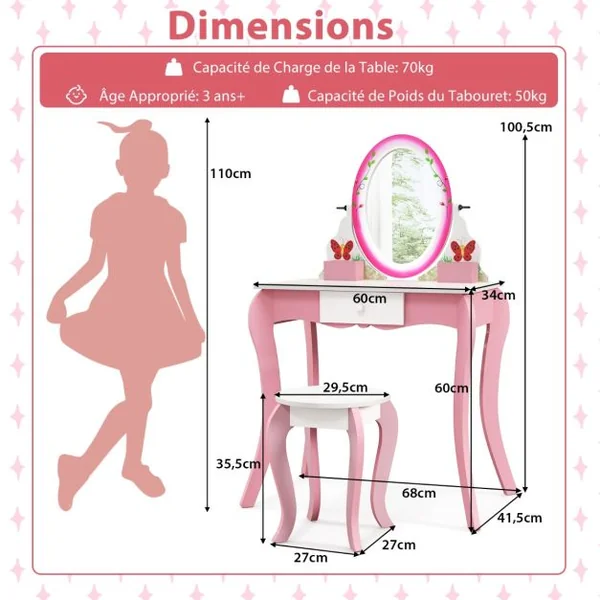 Coiffeuse Enfants avec Tabouret et Miroir Rotatif à 360° Tableau Blanc au Dos Table de Maquillage avec Tiroir et 4 Marqueurs Rose