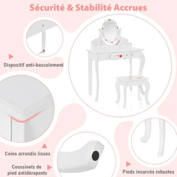 Coiffeuse Enfants Tabouret Miroir Rotatif à 360° Tableau au Dos Table de Maquillage 3 Tiroir 4 Marqueurs Blanc