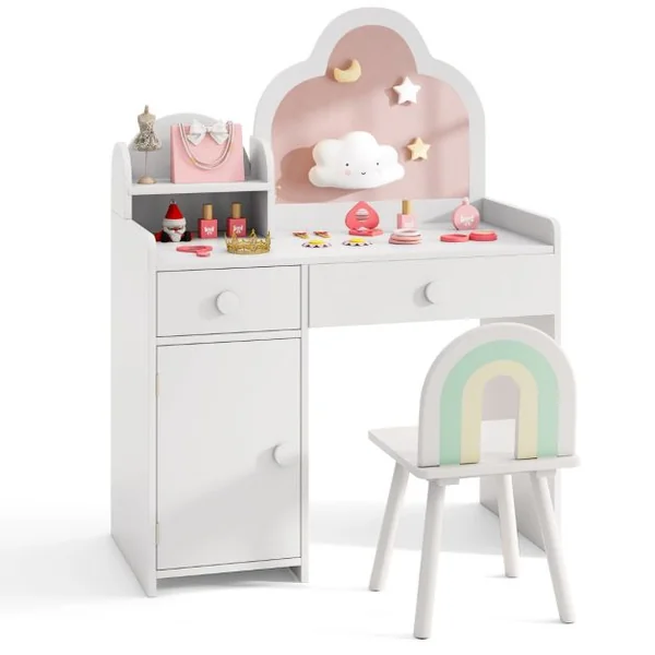 Coiffeuse et de Chaise pour Enfants Ensemble de Coiffeuse avec Miroir en Forme de Nuage Etagère Ouverte Tiroirs pour 3-7 Ans Blanc