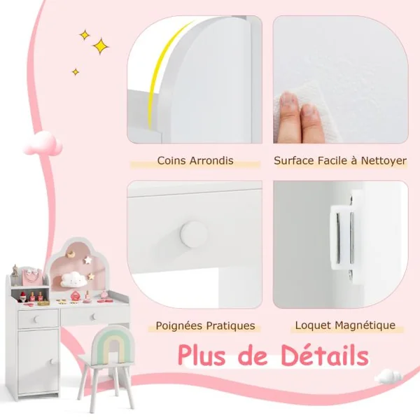 Coiffeuse et de Chaise pour Enfants Ensemble de Coiffeuse avec Miroir en Forme de Nuage Etagère Ouverte Tiroirs pour 3-7 Ans Blanc