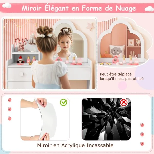 Coiffeuse et de Chaise pour Enfants Ensemble de Coiffeuse avec Miroir en Forme de Nuage Etagère Ouverte Tiroirs pour 3-7 Ans Blanc