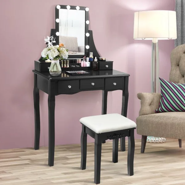 Coiffeuse et Tabouret avec 10 Lumières Led Miroir Amovible Pivotant à 360° 5 Tiroirs en Bois de Pin 80x40x138cm Noir