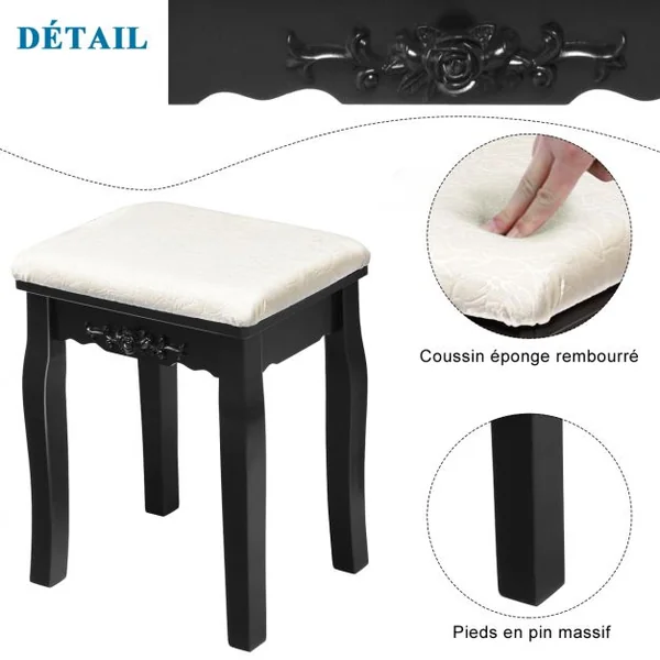 Coiffeuse et Tabouret avec 10 Lumières Led Miroir Amovible Pivotant à 360° 5 Tiroirs en Bois de Pin 80x40x138cm Noir