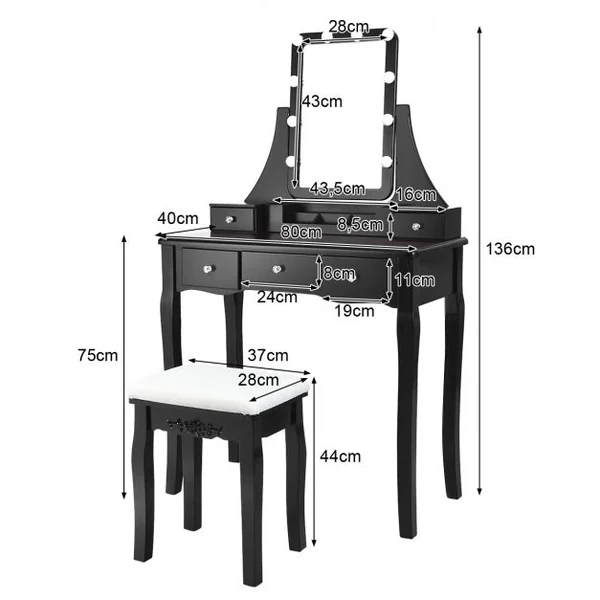 Coiffeuse et Tabouret avec 10 Lumières Led Miroir Amovible Pivotant à 360° 5 Tiroirs en Bois de Pin 80x40x138cm Noir