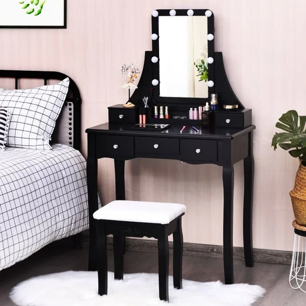 Coiffeuse et Tabouret avec 10 Lumières Led Miroir Amovible Pivotant à 360° 5 Tiroirs en Bois de Pin 80x40x138cm Noir