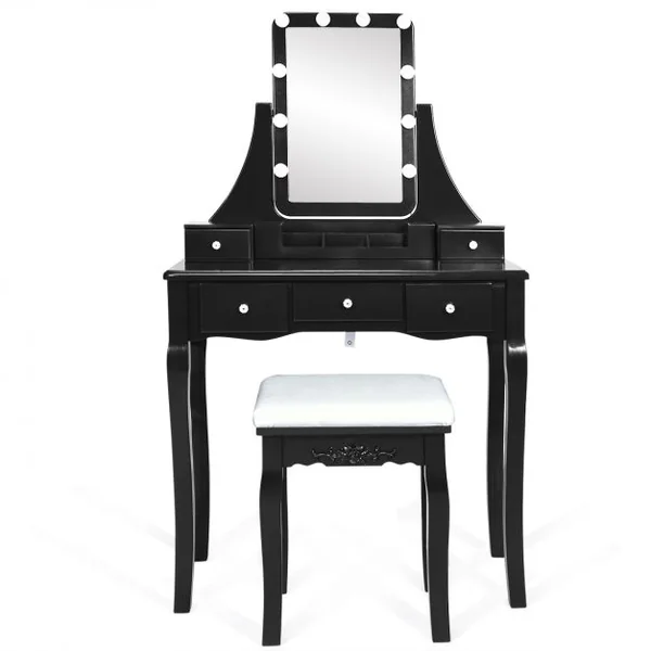 Coiffeuse et Tabouret avec 10 Lumières Led Miroir Amovible Pivotant à 360° 5 Tiroirs en Bois de Pin 80x40x138cm Noir