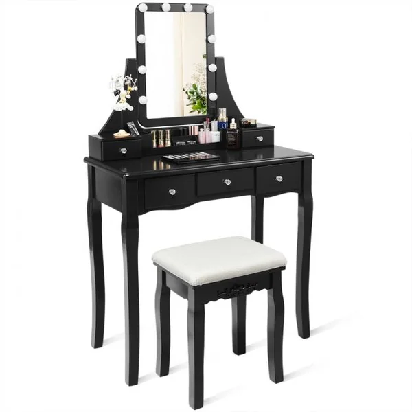 Coiffeuse et Tabouret avec 10 Lumières Led Miroir Amovible Pivotant à 360° 5 Tiroirs en Bois de Pin 80x40x138cm Noir