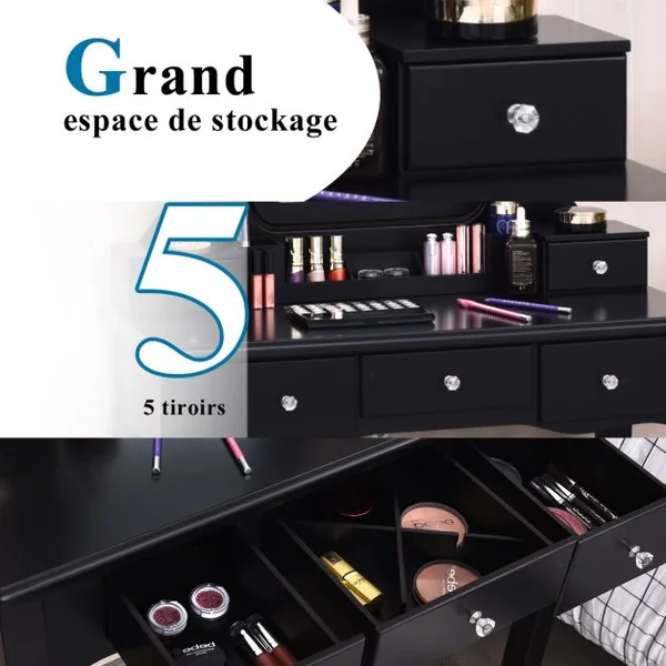 Coiffeuse et Tabouret avec 10 Lumières Led Miroir Amovible Pivotant à 360° 5 Tiroirs en Bois de Pin 80x40x138cm Noir