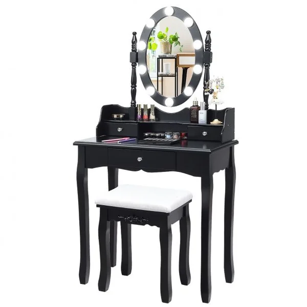 Coiffeuse et Tabouret avec 11 Ampoules Led Miroir Amovible Pivotant à 360 ° 3 Tiroirs en Mdf 75x40x143,5cm Noir