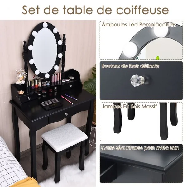 Coiffeuse et Tabouret avec 11 Ampoules Led Miroir Amovible Pivotant à 360 ° 3 Tiroirs en Mdf 75x40x143,5cm Noir