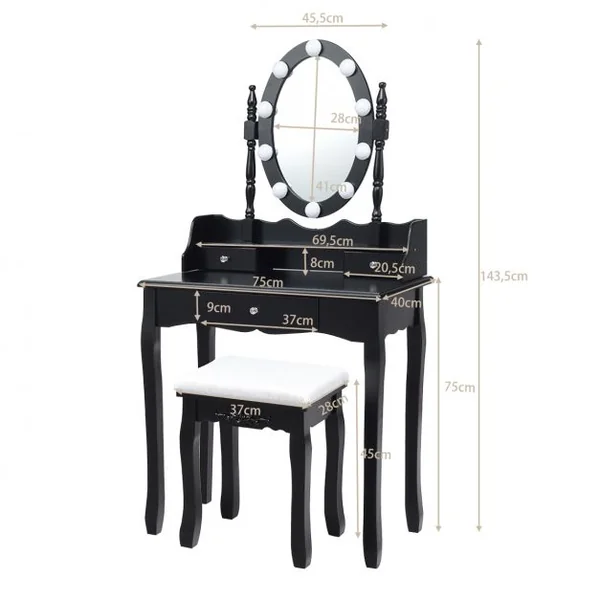 Coiffeuse et Tabouret avec 11 Ampoules Led Miroir Amovible Pivotant à 360 ° 3 Tiroirs en Mdf 75x40x143,5cm Noir