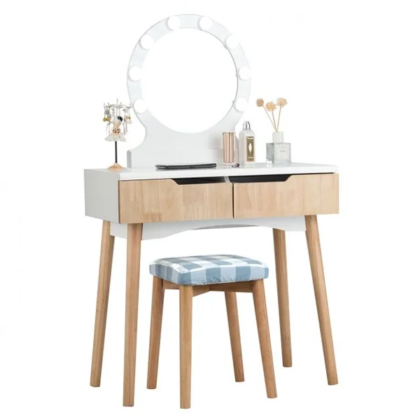Coiffeuse et Tabouret avec Housse Amovible Miroir à 11 Lumières Led 2 Tiroirs en Mdf 80x40x132cm Blanc+Naturel