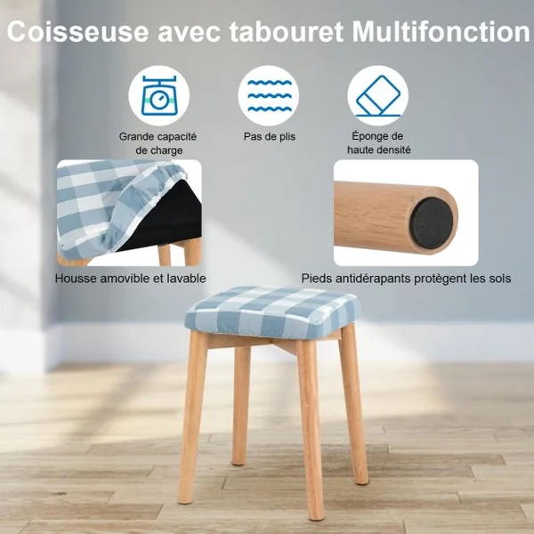 Coiffeuse et Tabouret avec Housse Amovible Miroir à 11 Lumières Led 2 Tiroirs en Mdf 80x40x132cm Blanc+Naturel