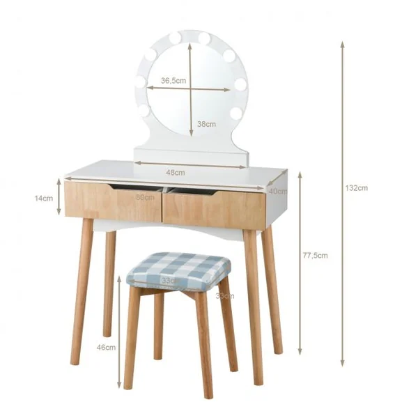 Coiffeuse et Tabouret avec Housse Amovible Miroir à 11 Lumières Led 2 Tiroirs en Mdf 80x40x132cm Blanc+Naturel