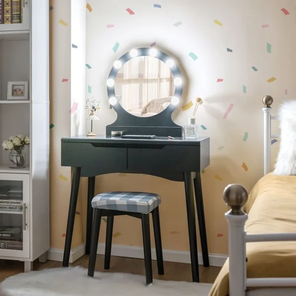 Coiffeuse et Tabouret avec Housse Amovible Miroir à 11 Lumières Led 2 Tiroirs en Mdf 80x40x132cm Noir
