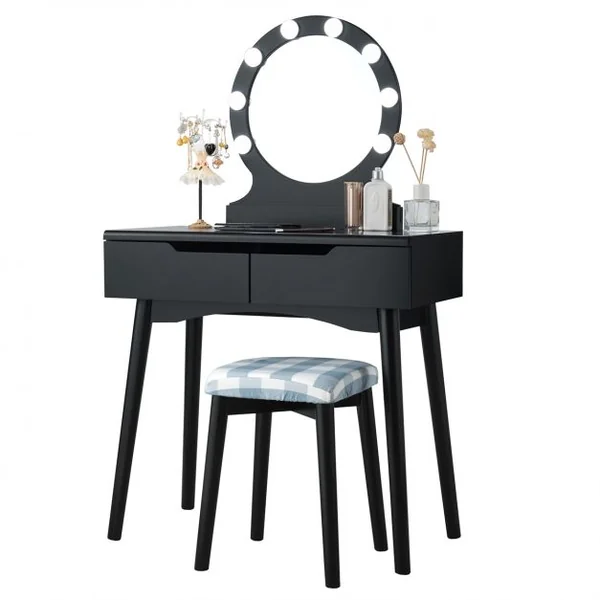 Coiffeuse et Tabouret avec Housse Amovible Miroir à 11 Lumières Led 2 Tiroirs en Mdf 80x40x132cm Noir