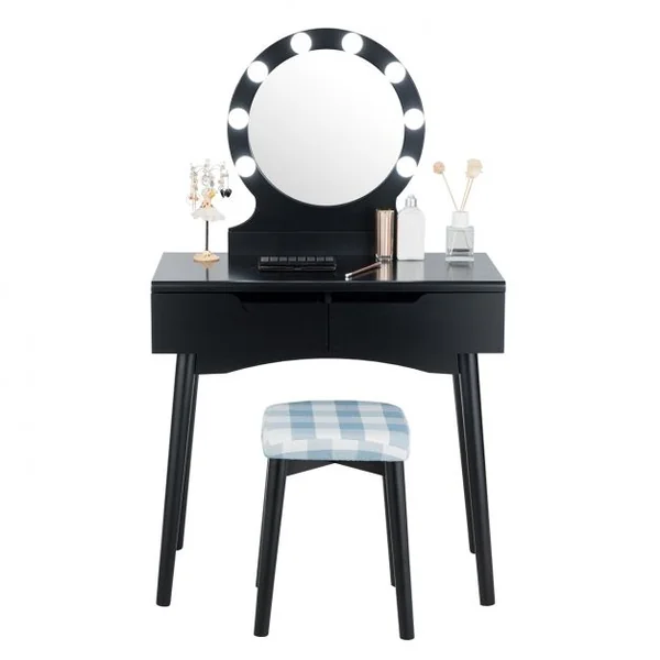 Coiffeuse et Tabouret avec Housse Amovible Miroir à 11 Lumières Led 2 Tiroirs en Mdf 80x40x132cm Noir