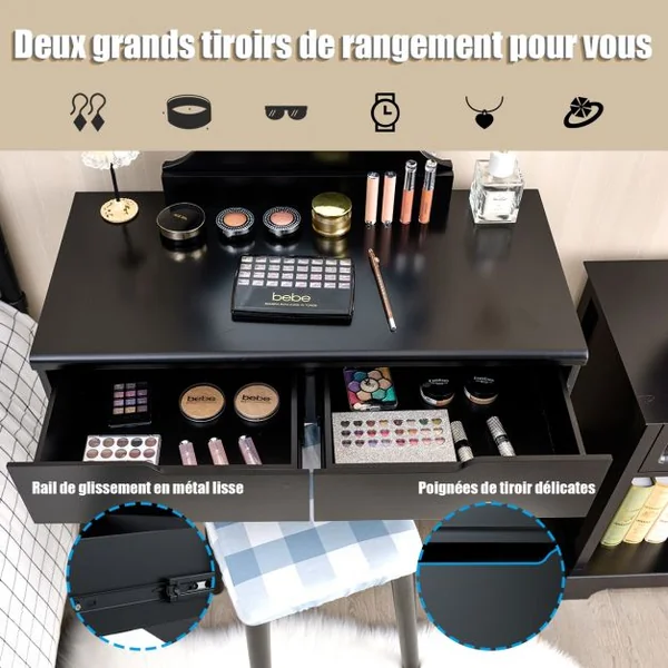 Coiffeuse et Tabouret avec Housse Amovible Miroir à 11 Lumières Led 2 Tiroirs en Mdf 80x40x132cm Noir