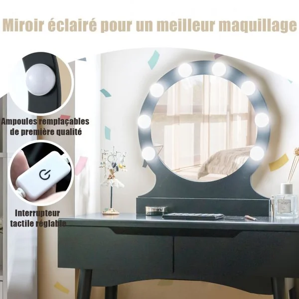Coiffeuse et Tabouret avec Housse Amovible Miroir à 11 Lumières Led 2 Tiroirs en Mdf 80x40x132cm Noir