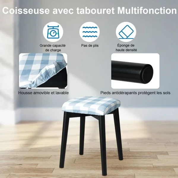 Coiffeuse et Tabouret avec Housse Amovible Miroir à 11 Lumières Led 2 Tiroirs en Mdf 80x40x132cm Noir