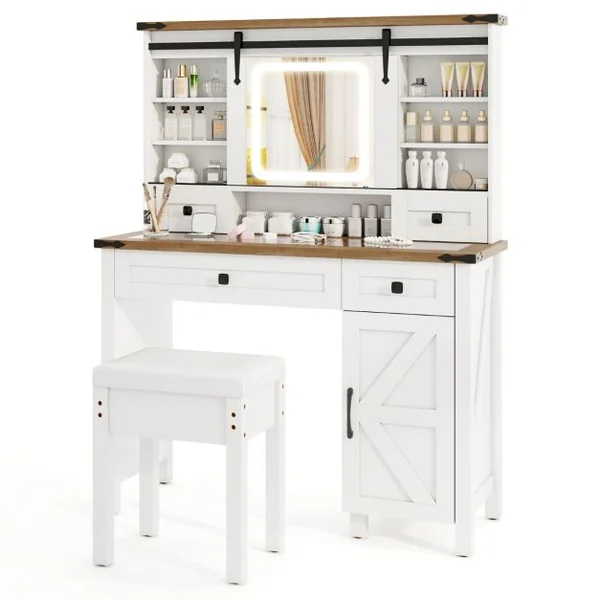 Coiffeuse et Tabouret avec Lumières et Miroir Coulissant Lumières LED à Intensité Variable à 3 Couleurs Armoire Latérale Tiroirs Blanc