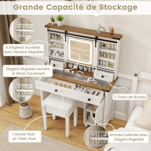 Coiffeuse et Tabouret avec Lumières et Miroir Coulissant Lumières LED à Intensité Variable à 3 Couleurs Armoire Latérale Tiroirs Blanc