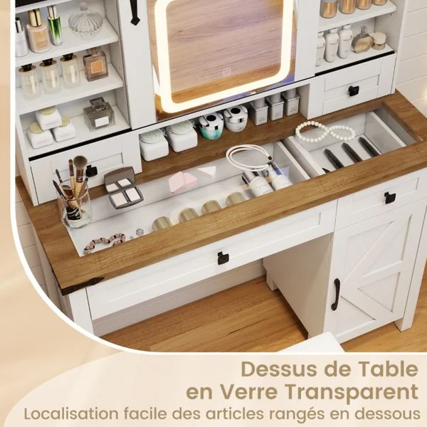 Coiffeuse et Tabouret avec Lumières et Miroir Coulissant Lumières LED à Intensité Variable à 3 Couleurs Armoire Latérale Tiroirs Blanc
