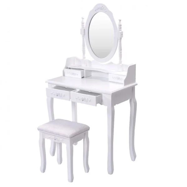 Coiffeuse et tabouret avec miroir pivotant Table de maquillage pour chambre salle de bain, 4 tiroirs en MDF laqué blanc