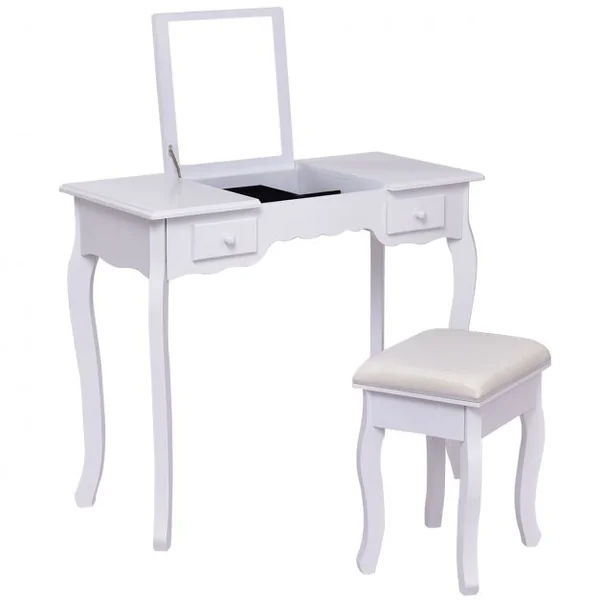 Coiffeuse et Tabouret Table de Maquillage avec Miroir Rabattable 2 Tiroirs et un Rangement pour Bijoux, Blanc