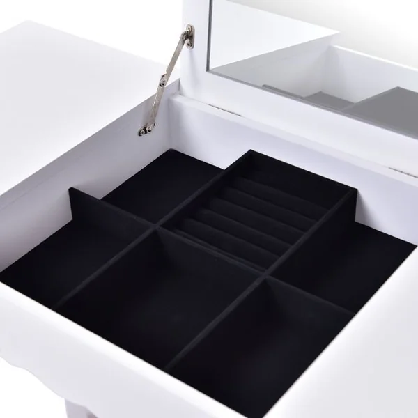 Coiffeuse et Tabouret Table de Maquillage avec Miroir Rabattable 2 Tiroirs et un Rangement pour Bijoux, Blanc