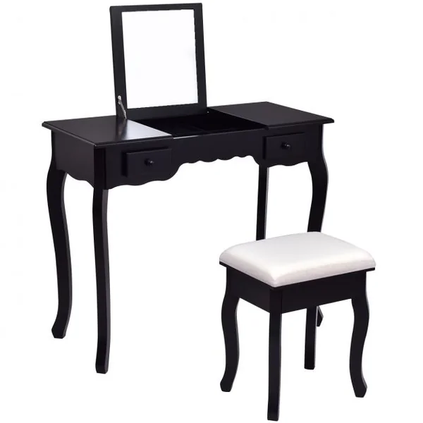 Coiffeuse et Tabouret Table de Maquillage avec Miroir Rabattable 2 Tiroirs et un Rangement pour Bijoux, Blanc