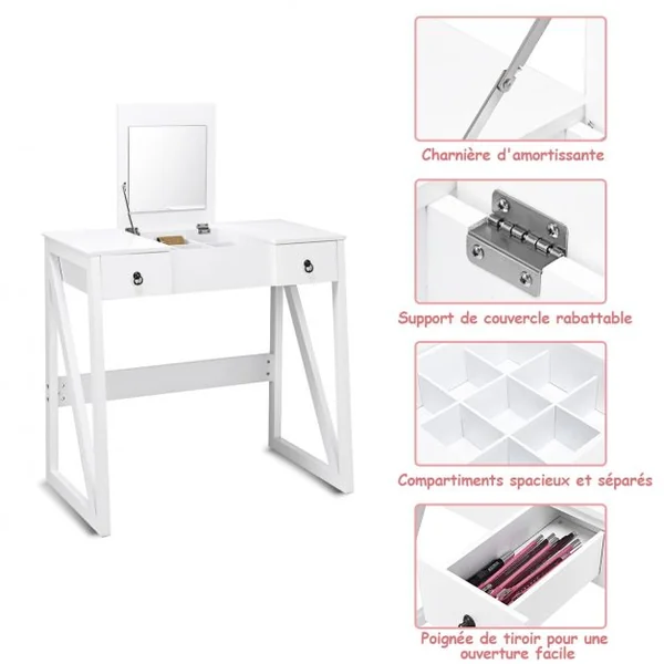 Coiffeuse et tabouret Table de Maquillage Style moderne avec Miroir et Grand Capacité de Rangement, 80x40x76cm, Blanc