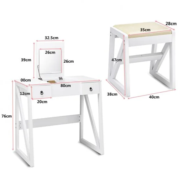 Coiffeuse et tabouret Table de Maquillage Style moderne avec Miroir et Grand Capacité de Rangement, 80x40x76cm, Blanc