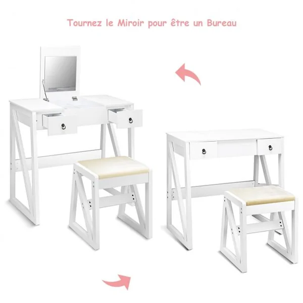 Coiffeuse et tabouret Table de Maquillage Style moderne avec Miroir et Grand Capacité de Rangement, 80x40x76cm, Blanc