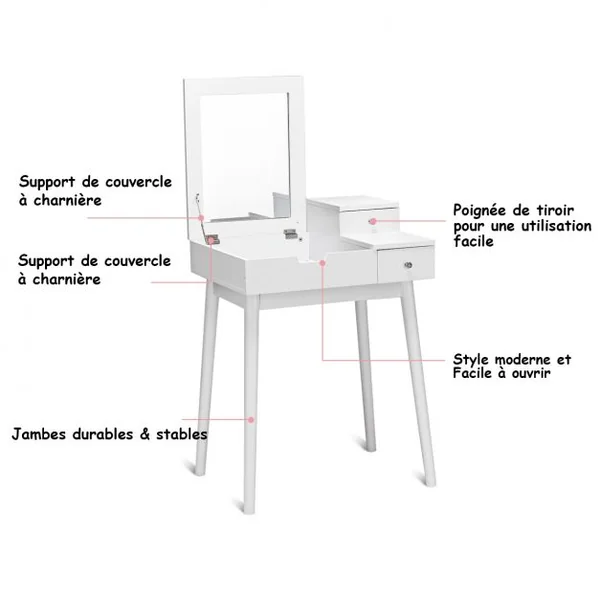 Coiffeuse et tabouret Table de Maquillage Style moderne avec Miroir et Rangement caché, 60x50x76cm, Blanc