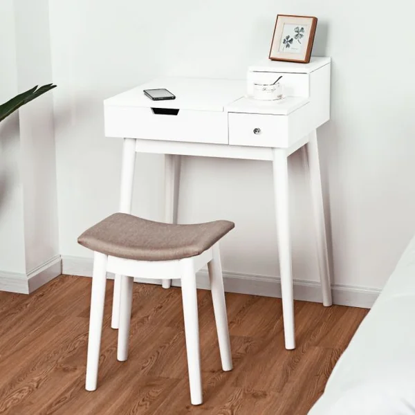 Coiffeuse et tabouret Table de Maquillage Style moderne avec Miroir et Rangement caché, 60x50x76cm, Blanc