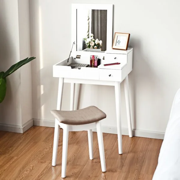 Coiffeuse et tabouret Table de Maquillage Style moderne avec Miroir et Rangement caché, 60x50x76cm, Blanc