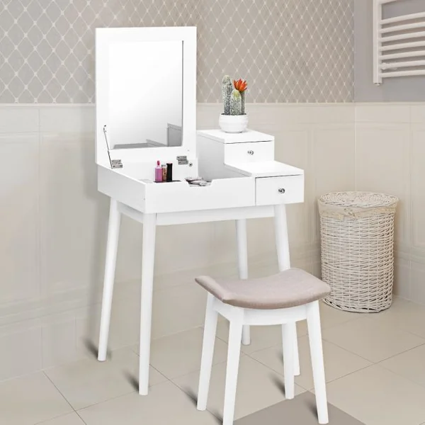Coiffeuse et tabouret Table de Maquillage Style moderne avec Miroir et Rangement caché, 60x50x76cm, Blanc