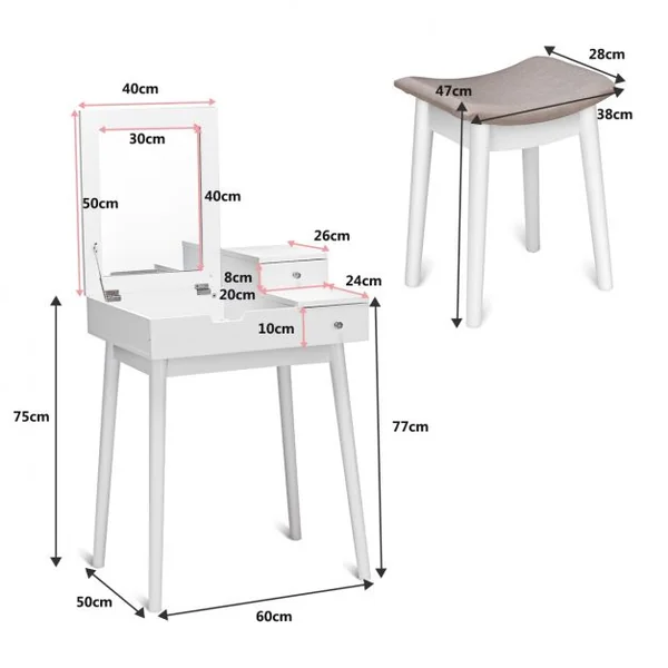 Coiffeuse et tabouret Table de Maquillage Style moderne avec Miroir et Rangement caché, 60x50x76cm, Blanc