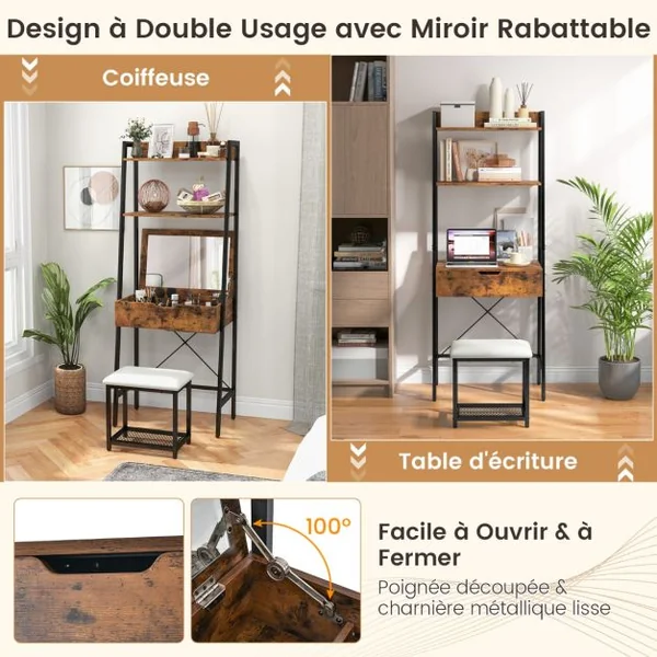 Coiffeuse Industrielle Miroir Rabattable Tabouret Table de Maquillage 2 Étagères ouvertes Espace de Rangement Caché Noir